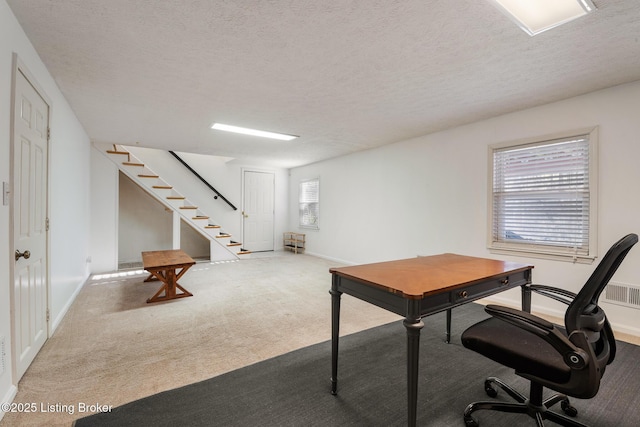 home office with carpet flooring, a healthy amount of sunlight, baseboards, and a textured ceiling