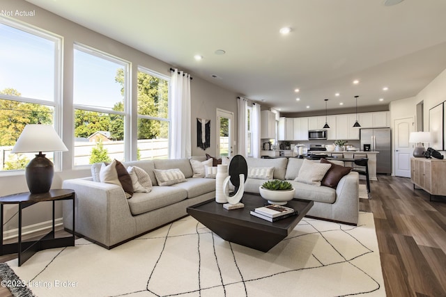 living room featuring a wealth of natural light and light hardwood / wood-style flooring