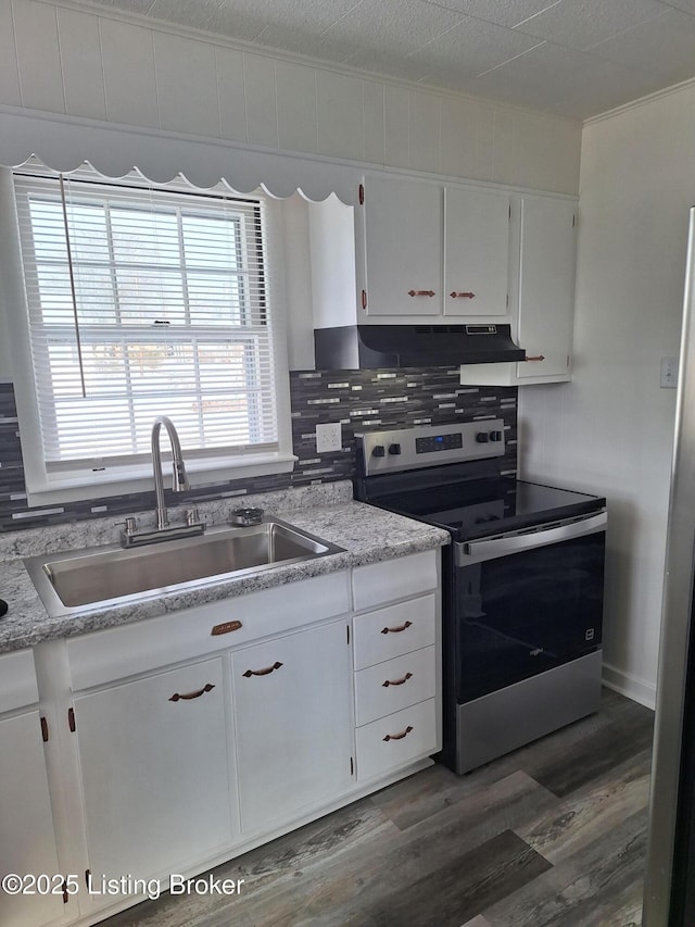 kitchen featuring under cabinet range hood, stainless steel appliances, a sink, white cabinets, and decorative backsplash