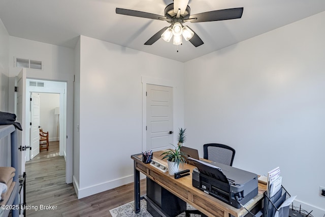 office space with ceiling fan and hardwood / wood-style flooring