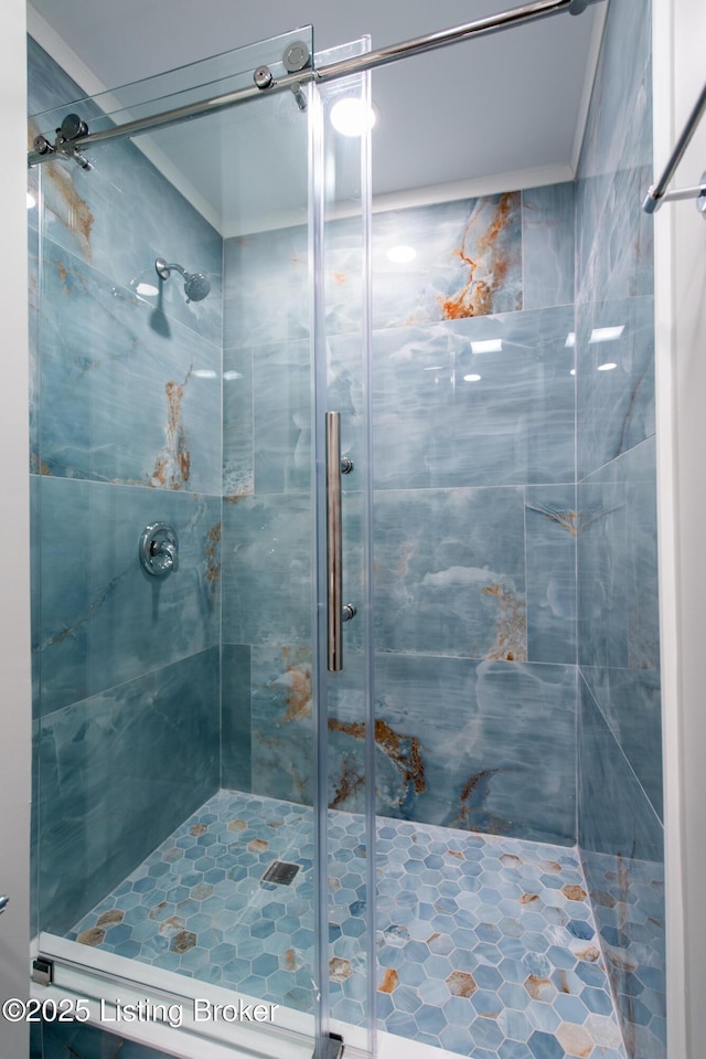 bathroom featuring a shower with door