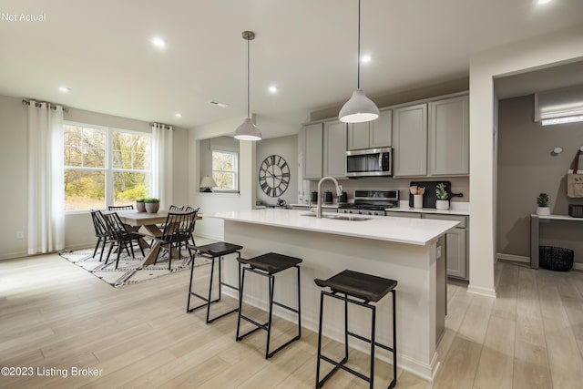 kitchen with an island with sink, stainless steel appliances, gray cabinets, and sink