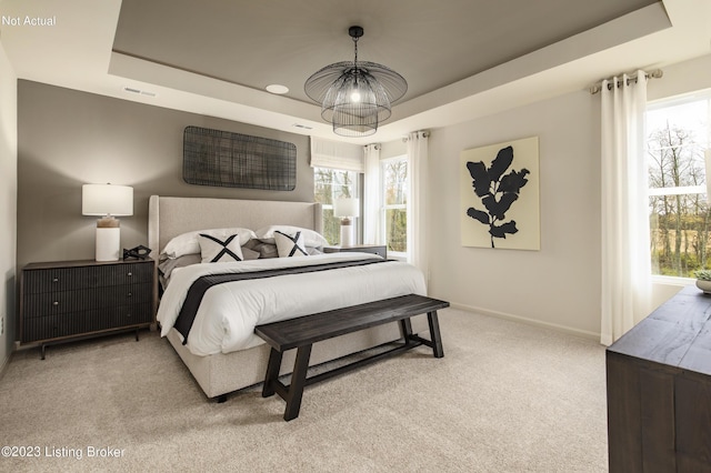 bedroom featuring a raised ceiling and light colored carpet