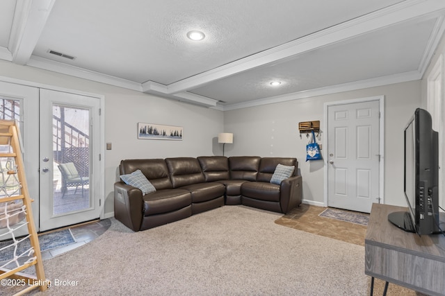 living room with french doors, beamed ceiling, crown molding, light colored carpet, and a textured ceiling