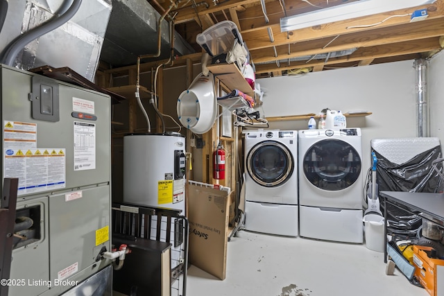 washroom featuring washer and clothes dryer, electric water heater, and heating unit