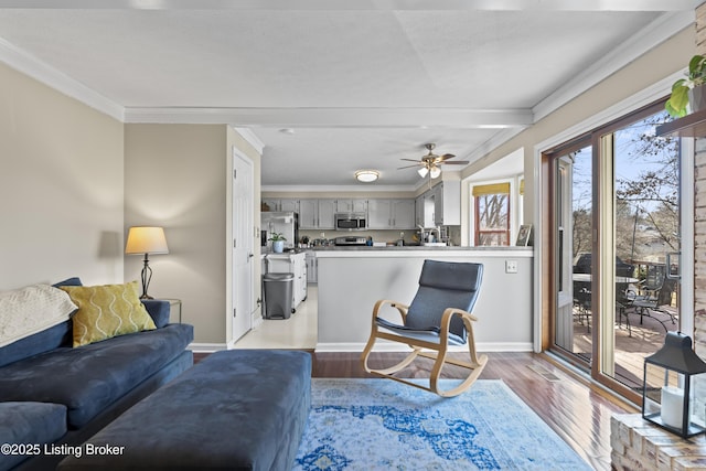 living room with ceiling fan, light hardwood / wood-style flooring, and crown molding