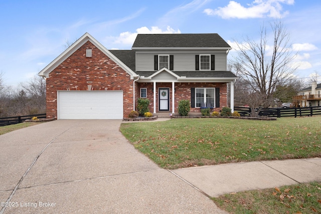 front facade with a garage and a front lawn