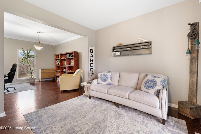 living room featuring crown molding and dark hardwood / wood-style floors