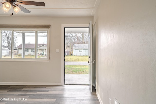 doorway with ceiling fan and wood-type flooring