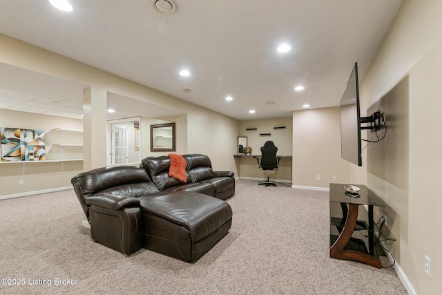 living room featuring light carpet