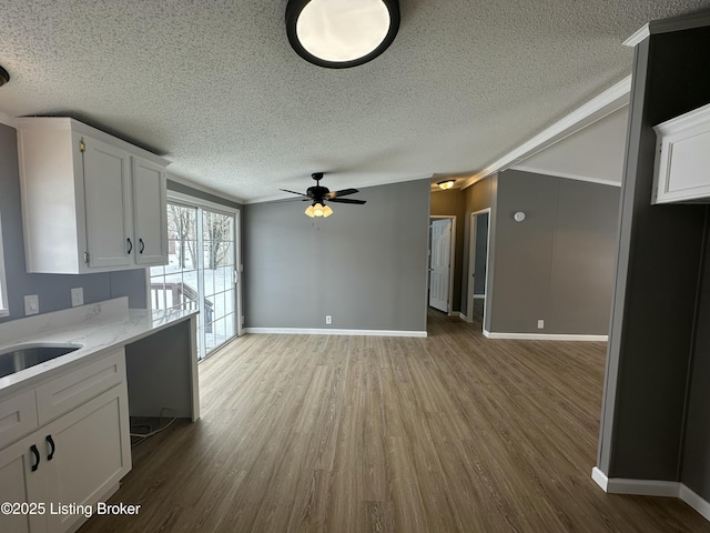 kitchen featuring white cabinetry, ceiling fan, wood finished floors, and a textured ceiling