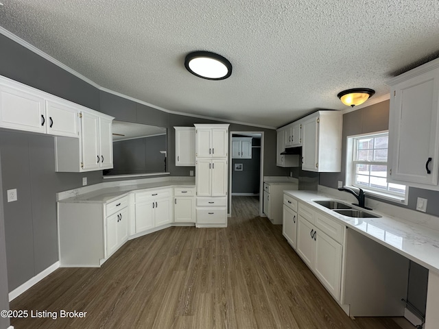 kitchen featuring a sink, dark wood-style floors, white cabinetry, crown molding, and lofted ceiling