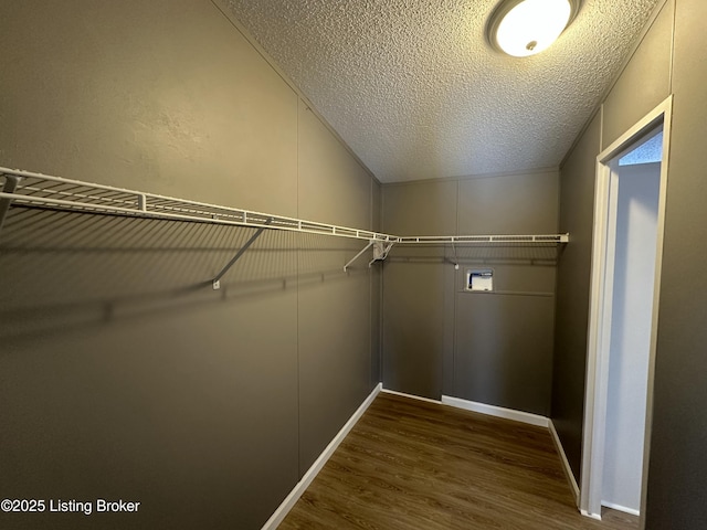 spacious closet featuring dark wood-type flooring and vaulted ceiling