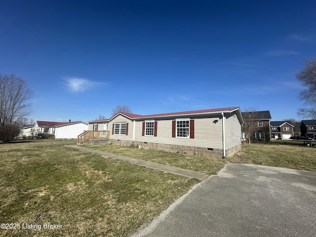 manufactured / mobile home featuring a front yard and crawl space