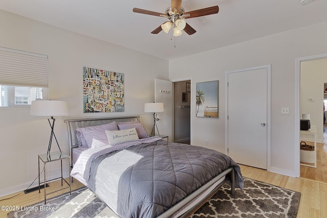 bedroom featuring ceiling fan and light wood-type flooring