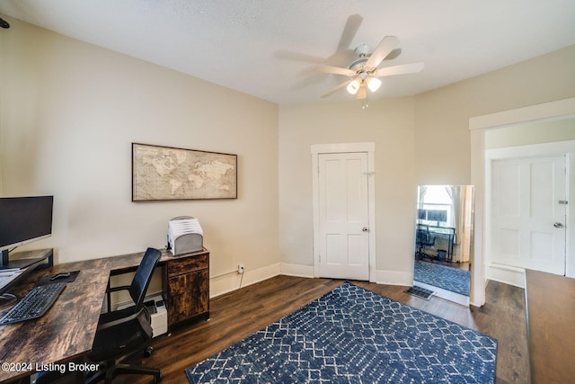 office space featuring dark hardwood / wood-style floors and ceiling fan