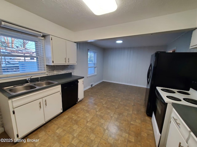 kitchen with sink, range with electric cooktop, white cabinets, dishwasher, and decorative backsplash