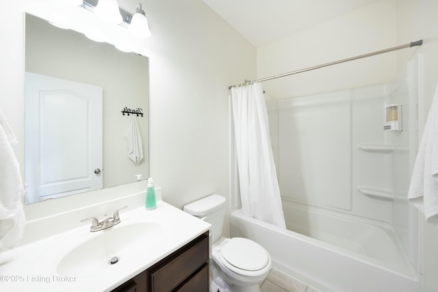 full bathroom with toilet, shower / bath combination with curtain, and vanity