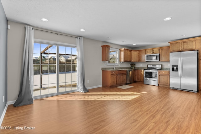 kitchen with stainless steel appliances, sink, a wealth of natural light, and light hardwood / wood-style flooring