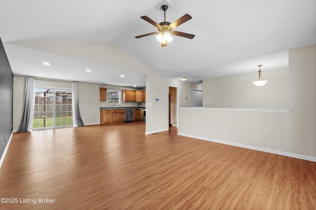 unfurnished living room featuring high vaulted ceiling, a ceiling fan, light wood-style flooring, baseboards, and recessed lighting