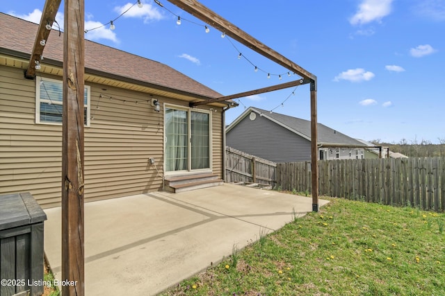 view of patio with fence and entry steps
