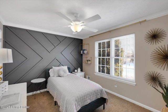 bedroom featuring multiple windows, ornamental molding, and light colored carpet