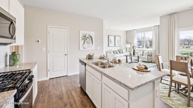 kitchen with light stone countertops, appliances with stainless steel finishes, sink, white cabinets, and an island with sink