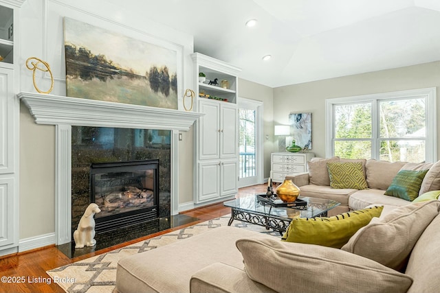 living room with a premium fireplace and hardwood / wood-style floors