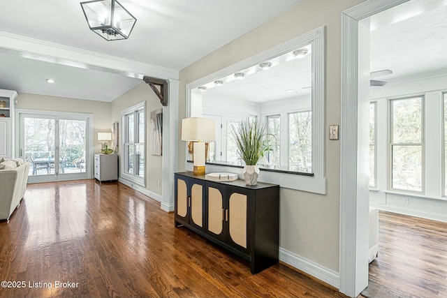 hall with a wealth of natural light and dark hardwood / wood-style flooring