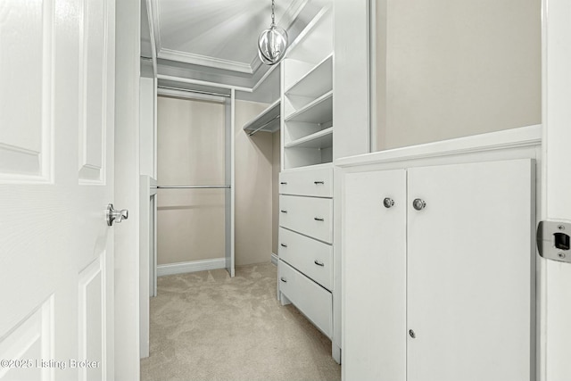 walk in closet featuring light carpet