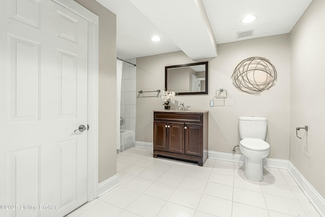 full bathroom with tile patterned floors, shower / bath combination, toilet, and vanity