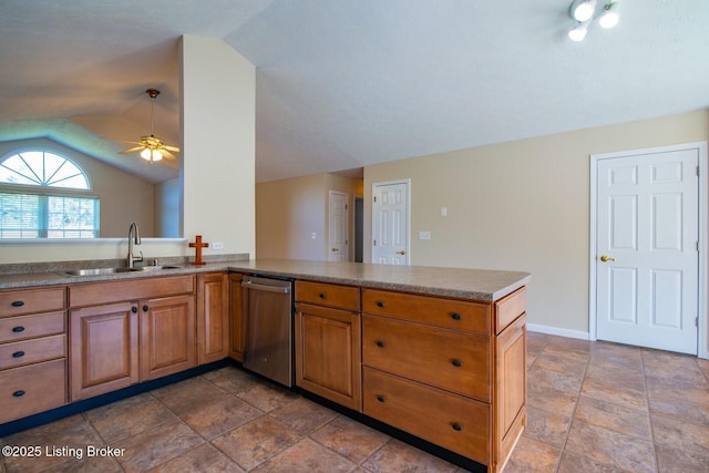 kitchen with kitchen peninsula, ceiling fan, lofted ceiling, dishwasher, and sink