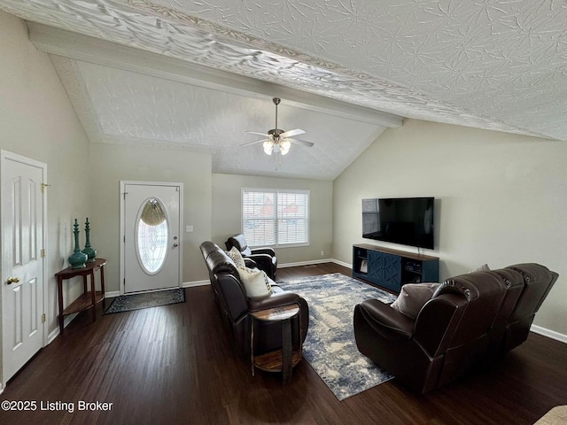 living room with a textured ceiling, lofted ceiling with beams, ceiling fan, and dark wood-type flooring