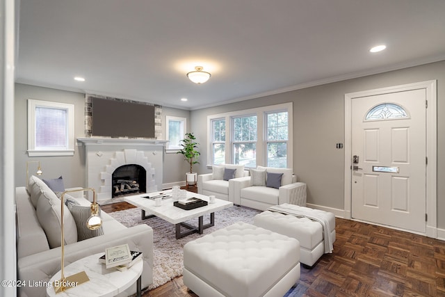 living room featuring dark parquet floors, ornamental molding, and a fireplace