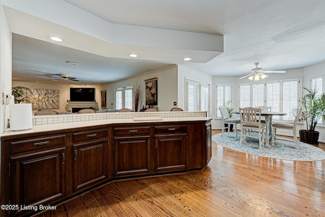 kitchen featuring ceiling fan, light hardwood / wood-style flooring, dark brown cabinets, and kitchen peninsula