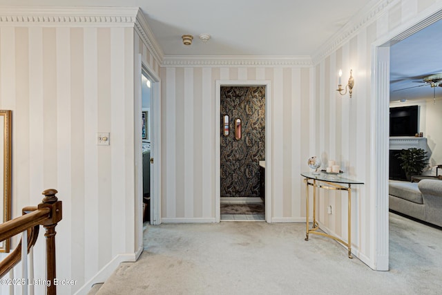 hallway featuring ornamental molding and carpet flooring