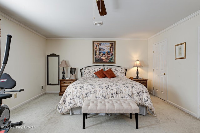 bedroom featuring light carpet, ceiling fan, and ornamental molding