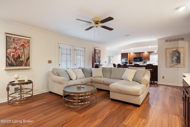 161 Gardiner Lake Rd Unit 161, Louisville, KY 40205 - living area with a ceiling fan, dark wood-style flooring, crown molding, and baseboards