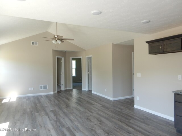 159 Diane Ct, Lebanon Junction, KY 40150 - unfurnished living room with ceiling fan, wood finished floors, baseboards, and lofted ceiling