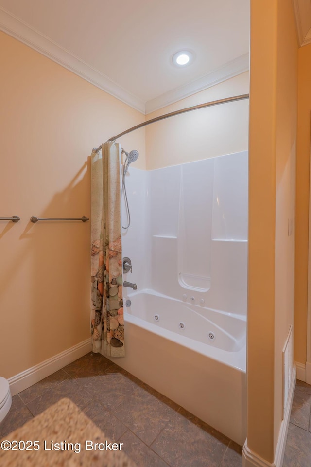 bathroom featuring crown molding, shower / bathtub combination with curtain, and toilet