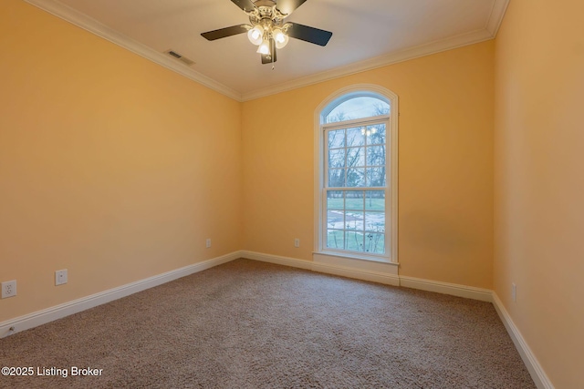 unfurnished room with crown molding, ceiling fan, and carpet flooring