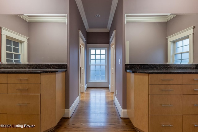 interior space with ornamental molding, plenty of natural light, and light wood-type flooring