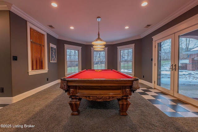 playroom with crown molding, dark carpet, and french doors