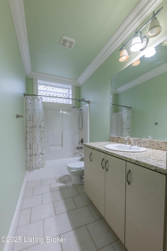 full bathroom with crown molding, toilet, shower / bath combination with curtain, and vanity