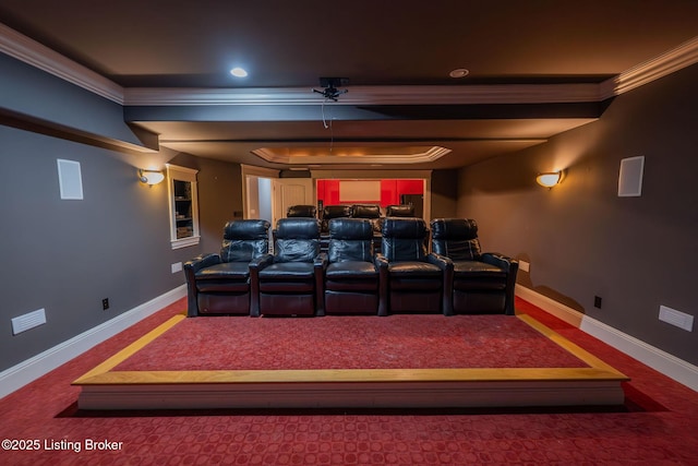 cinema room featuring ornamental molding and a tray ceiling