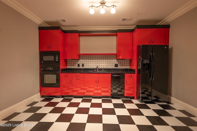 kitchen with ornamental molding, sink, decorative backsplash, and black appliances