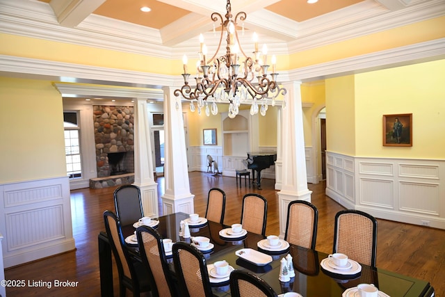 2713 Mayo Ln, Prospect, KY 40059 - dining area with decorative columns, dark wood-type flooring, ornamental molding, and arched walkways