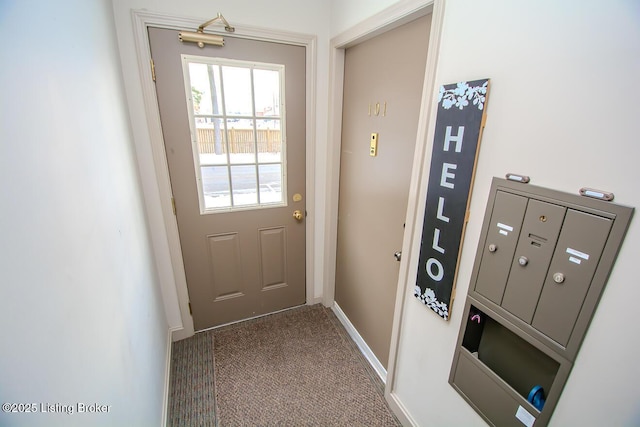 doorway with carpet flooring