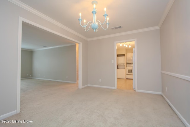 unfurnished room with a notable chandelier, light colored carpet, and ornamental molding