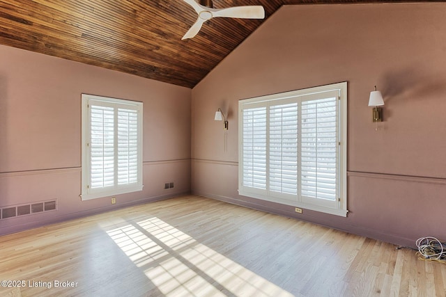 empty room featuring lofted ceiling, ceiling fan, wood ceiling, and light hardwood / wood-style floors